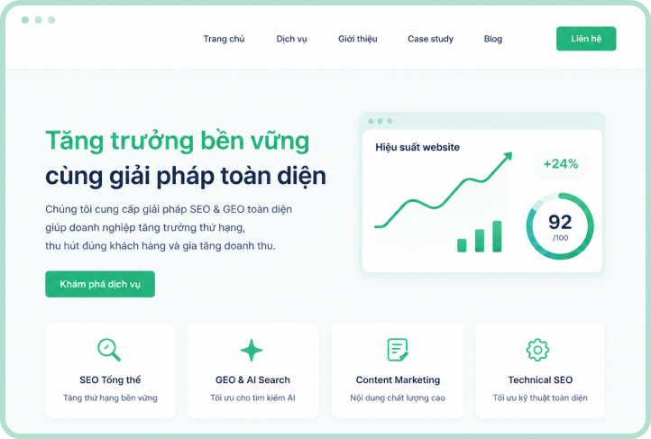 Minh họa website Hapo Digital với bảng hiệu suất và các dịch vụ SEO